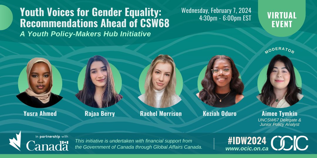 One hour until our Youth Policy-Makers Hub #IDW2024 event! Join us to hear about youth recommendations ahead of #CSW68 and to help bridge the gap between global leaders and young voices. Register here: us02web.zoom.us/meeting/regist… #GoForTheGoals @CanadaDev