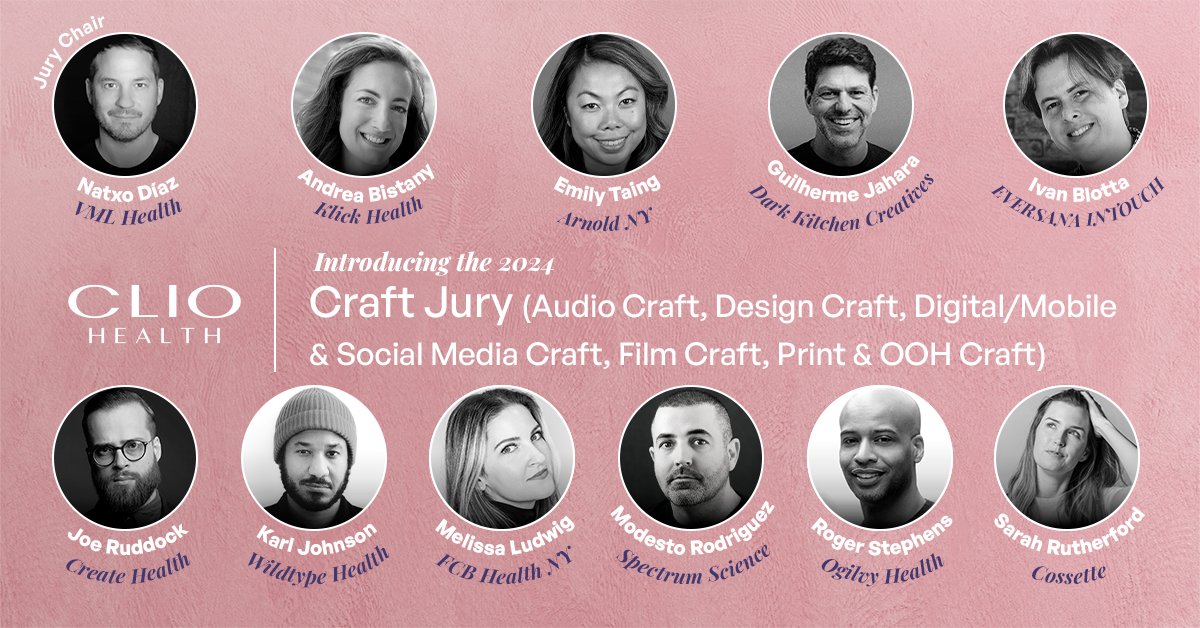 The_Clios's tweet photo. Introducing the 2024 #ClioHealth Craft Jury!
Keep reading to learn more about our jury: https://t.co/AiTo4kIF1w https://t.co/nTRcX1VEV6