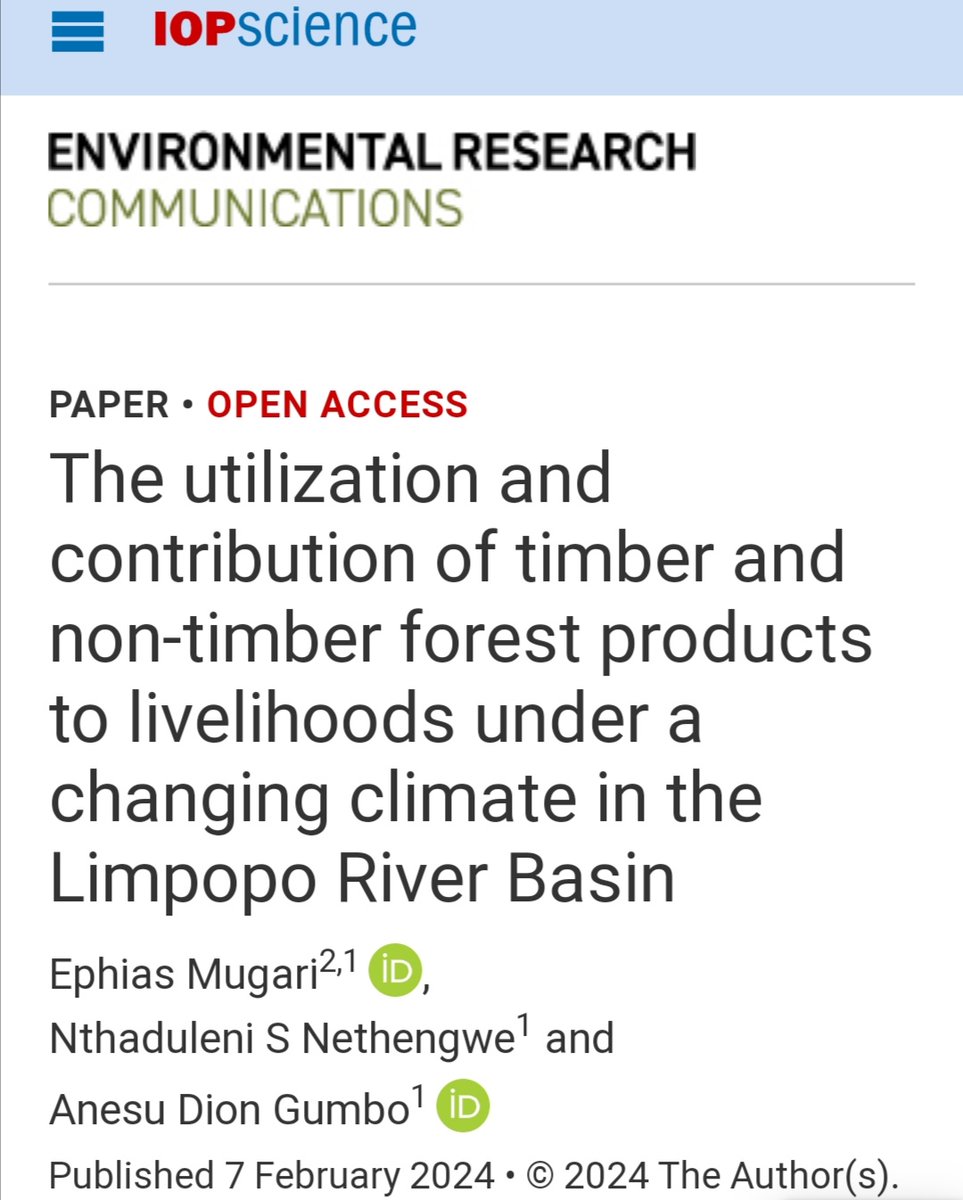 Our new paper in Env. Res. Com. - We highlight contribution of forest products to rural livelihoods &amp; climate adaption thru derived income. We discuss threats on their sustainability frm overexploitation as desire for cash income rise. doi.org/10.1088/2515-7… <a href="/IOPPublishing/">IOP Publishing</a>