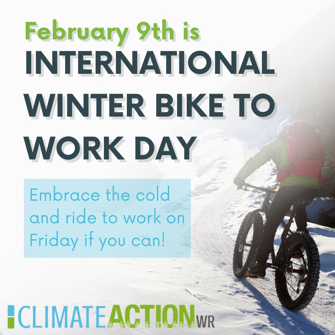 ClimateActionWR's tweet photo. February 9th is International Winter Bike to Work Day! 🚴‍♂️

Embrace the cold this Friday and swap the car for a bike for a sustainable and active commute!

#InternationalWinterBiketoWorkDay #ActiveTransportation #SustainableCommute #TransformWR https://t.co/6gT9smj5Jv