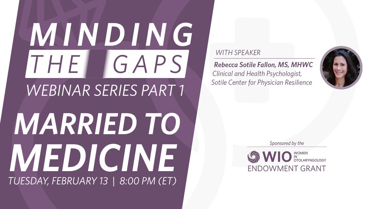 Register now for Married to Medicine, a WIO webinar on Feb. 13 at 8:00 pm (ET). Learn from an #otolaryngologist panel & clinical & health psychologist Rebecca Fallon, MS, MHWC. Included is a topic on unique family challenges faced by women physicians. #ENT entnet-org.zoom.us/webinar/regist…