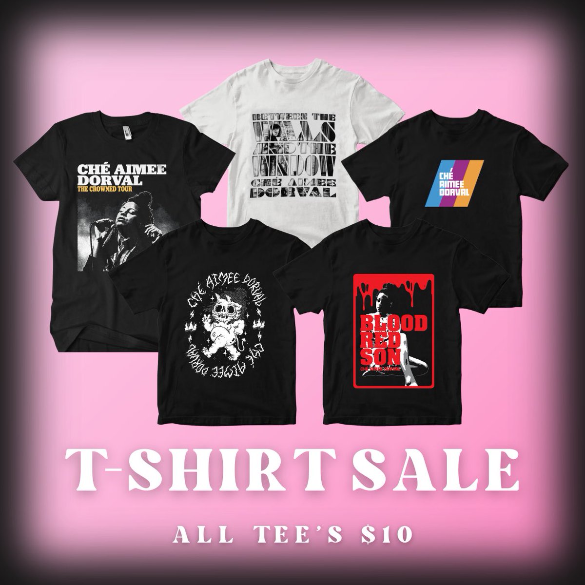 The shop's having a TSHIRT SALE! All tee's are $10 and there aren't many left so git em cheap while you can🖤 cheaimeedorval.com/shop #sale #merch #cheaimeedorval #bandmerch #thecrowned #betweenthewallsandthewindow
