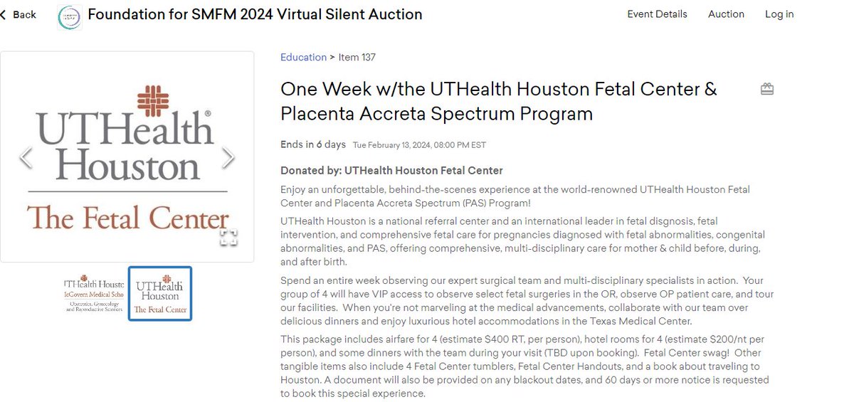 Consider bidding in the @FNDNforSMFM silent auction for the 'One Week w/the @UTHealthObGyn @TheFetalCenter & Placenta Accreta Spectrum Program' Come spend a fun week with experts in the field while supporting the @FNDNforSMFM initiatives! live.classy.org/register/new-e… @MySMFM #SMFM24