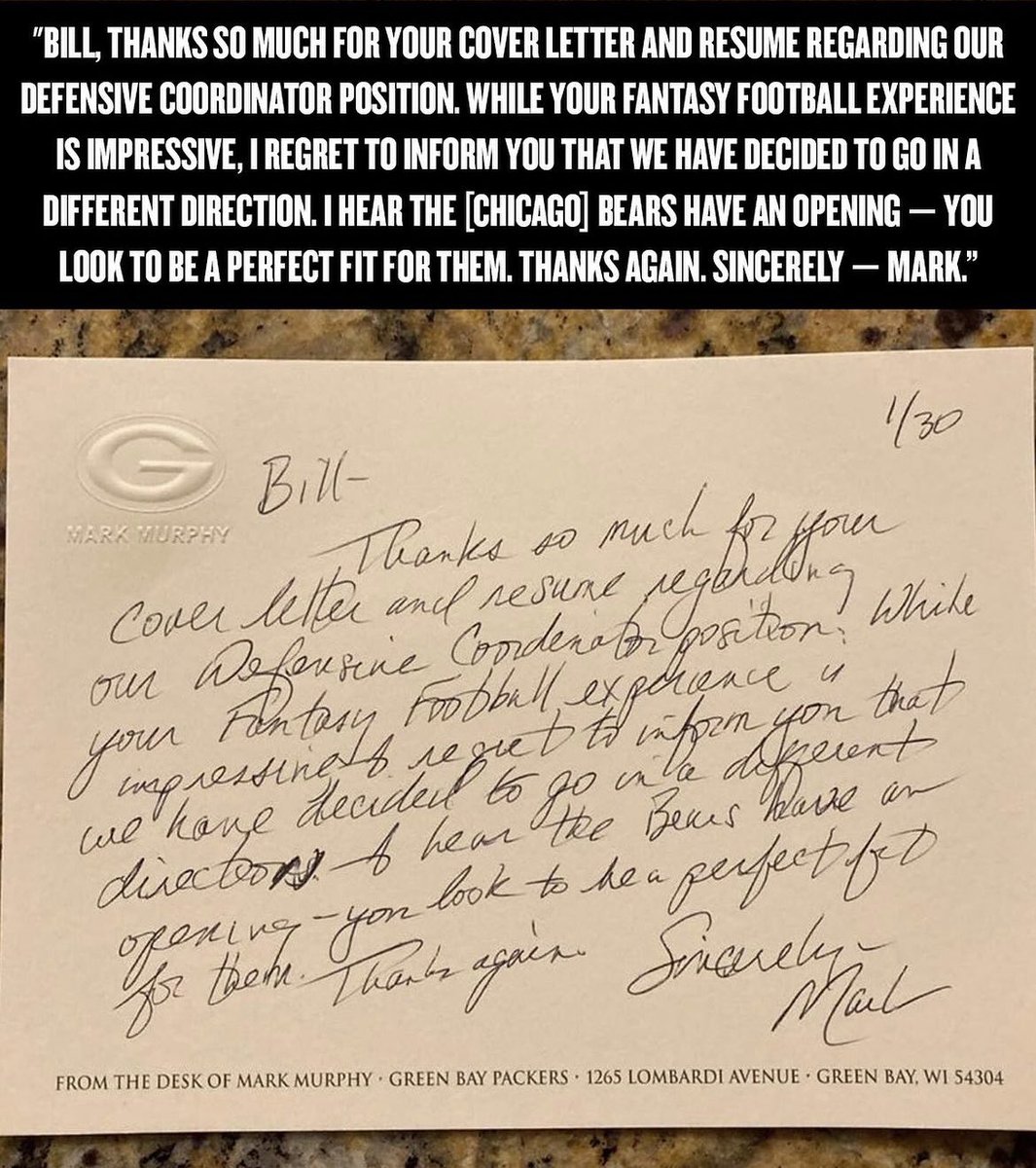 A Green Bay Packers fan applied for the Packers Defensive Coordinator position opening & received a hand written letter back from the President & CEO Mark Murphy. This is the response he got LOL 😂