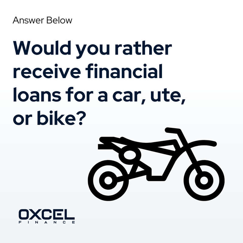 🚗 If you knew you could receive a loan right this second, would you rather receive a loan for a car, ute, or bike?

Share your answer and why!

#OxcelFinance #CarLoan #BikeLoan #MotorcycleLoan #UteLoan