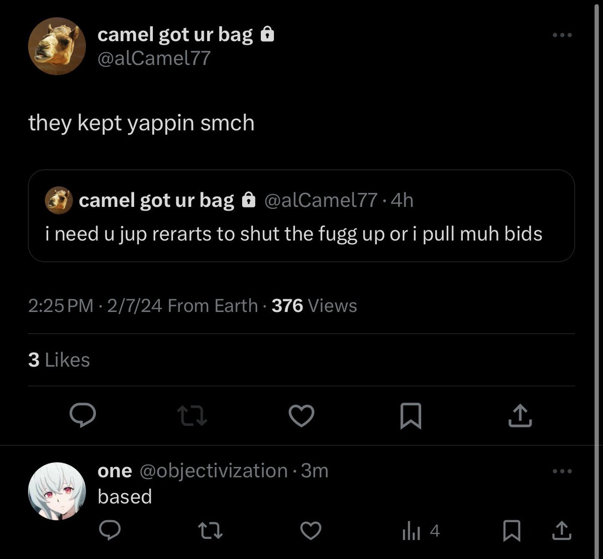 These clowns really think they are responsible for any dips in $JUP 🤡

It’s no wonder his account is private. 

Give it some time till they announce their profits in JUP and come out as holders again. 

Bro thinks he’s him. Your size is not size. <a href="/alCamel77/">camel took your bag lol</a>