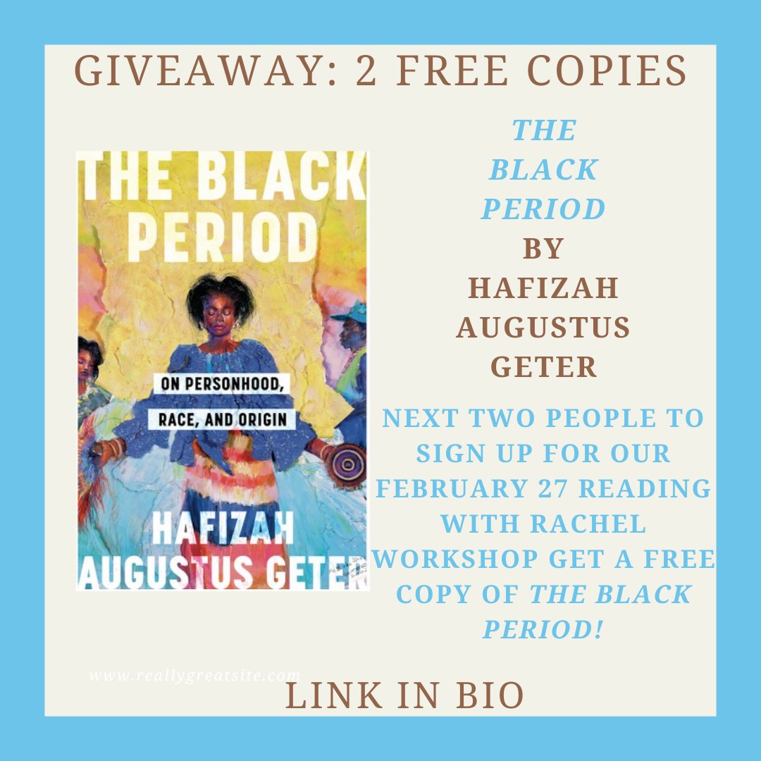 Hey! Want an amazing FREE copy of Hafizah Augustus Geter's The Black Period? 

The first two people to sign up for our next Reading with Rachel workshop on February 27th will get free copies of the book!
Sign  up at docs.google.com/forms/d/e/1FAI…