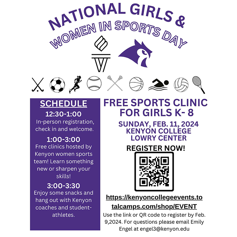 Happy National Girls & Women in Sports Day! As a reminder, Kenyon Athletics is hosting a FREE sports clinic for girls grades K-8 this Sunday, Feb. 11, at the Lowry Center. Be sure to scan this QR code to fill out the registration form by Friday, Feb. 9! kenyoncollegeevents.totalcamps.com/shop/EVENT