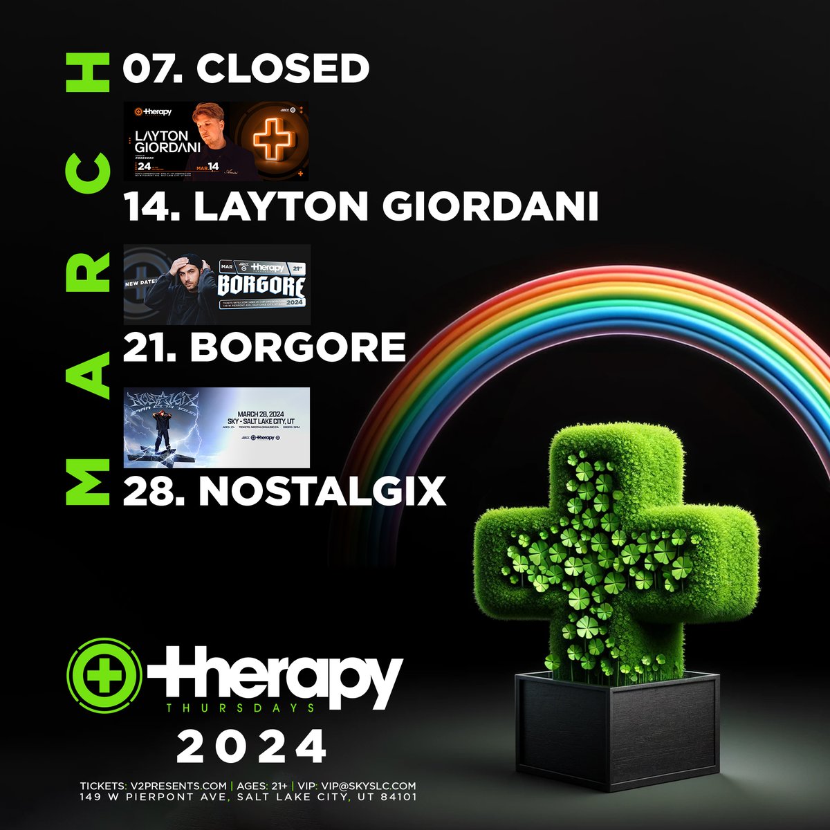 We're considering ourselves lucky with the Therapy Thursdays lineup we have for March! Gather your four leaf clovers and get ready to dance!