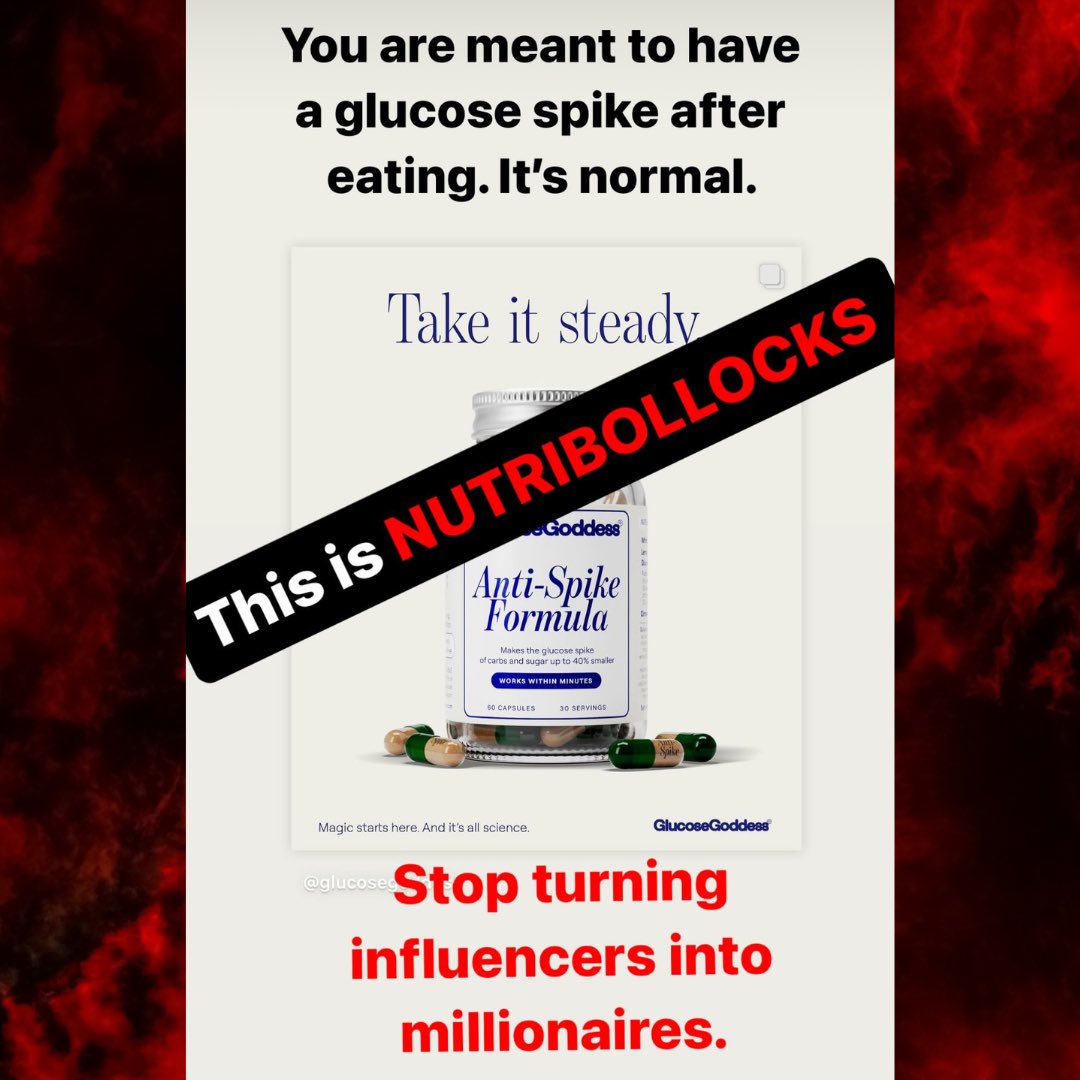 Liz_ORiordan's tweet photo. 😡Rant incoming….
Stop turning influencers into millionaires. 
Glucose spikes are NORMAL after food
You don’t need nutribollocks supplements 
You need your money more than the Glucose Goddess does. https://t.co/ZArvtnW6aw