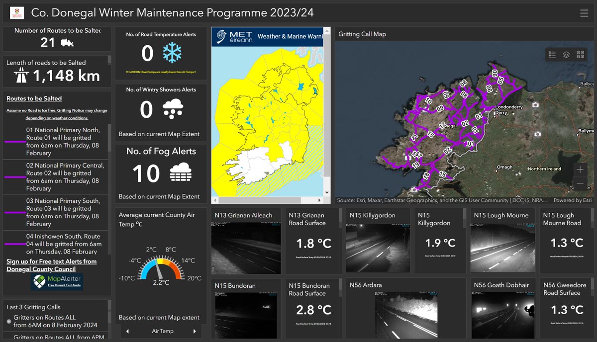 During the upcoming yellow #winter weather warning⚠️ keep an eye on current #Donegal road conditions and relevant data in our Winter Ops Dashboard🌨️❄️🛣️➡️donegal.maps.arcgis.com/apps/dashboard… Be informed before making travel decisions in adverse winter conditions. #WinterReady #Drivesafe