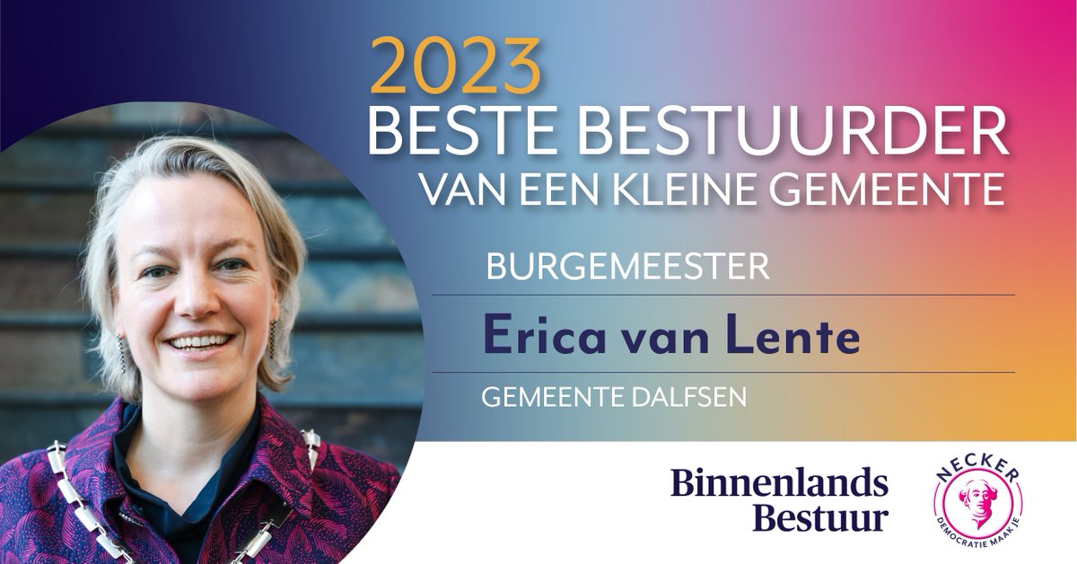 🎉WINNAAR | Burgemeester Erica van Lente van de Gemeente Dalfsen mag zich de Beste Bestuurder van een kleine gemeente (minder dan 35.000 inwoners) noemen. Van harte gefeliciteerd! 🎉
<a href="/BBnieuws/">Binnenlands Bestuur</a> <a href="/gemeentedalfsen/">Dalfsen</a>