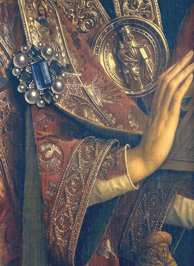 A detail of a jewel and robe from an upper interior panel of the Ghent Altarpiece, aka The Adoration of the Mystic Lamb. #History #JanVanEyck #GhentAltarpiece