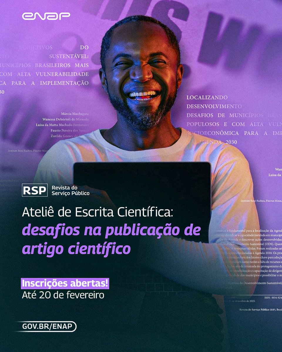A Enap está com as inscrições abertas para a oficina de escrita científica no âmbito da Revista do Serviço Público (RSP). O curso é aberto, gratuito e com certificado. Inscreva-se! 😁

Mais informações, acesse bit.ly/OficinaEscrita…

#Enap