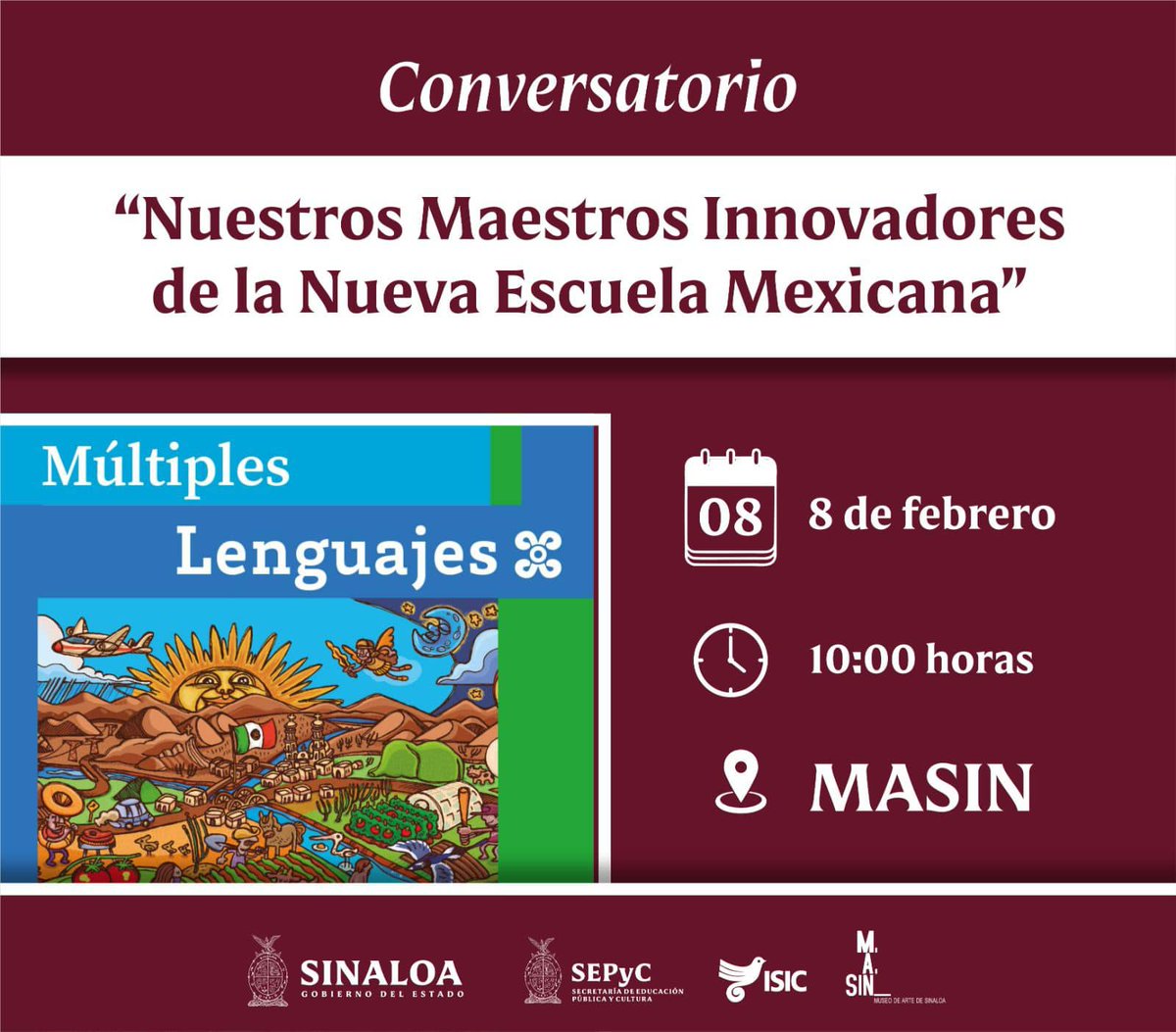 Conversatorio 𝑵𝒖𝒆𝒔𝒕𝒓𝒐𝒔 𝑴𝒂𝒆𝒔𝒕𝒓𝒐𝒔 𝑰𝒏𝒏𝒐𝒗𝒂𝒅𝒐𝒓𝒆𝒔 𝒅𝒆 𝒍𝒂 𝑵𝒖𝒆𝒗𝒂 𝑬𝒔𝒄𝒖𝒆𝒍𝒂 𝑴𝒆𝒙𝒊𝒄𝒂𝒏𝒂 en el MASIN / Museo de Arte de Sinaloa.
¡Los esperamos!