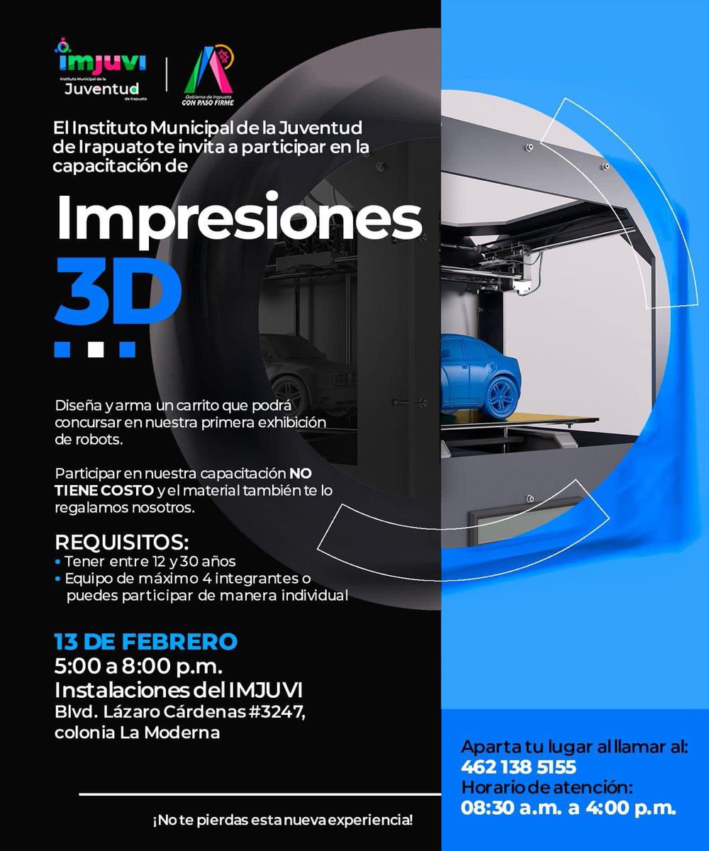 Crea piezas, figuras y objetos con volumen. Participa en la capacitación de 'Impresiones 3D' este próximo 13 de febrero . 🤖💡 📍Blvd. Lázaro Cárdenas #3247, Col. La Moderna 🎟️Entrada sin costo #ConPasoFirme