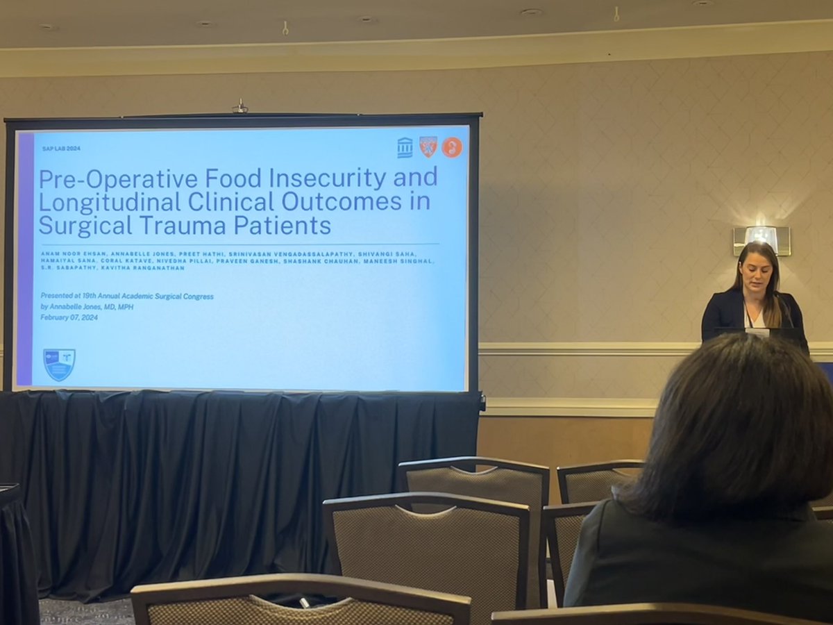 Beyond excited to speak at #ASC2024 on our @saplabhms work. 🏥 In our large prospective cohort study food insecure individuals had a significantly higher risk of developing complications within 90 days after surgery for traumatic injury. @KaviRangMD @HarvardPGSSC