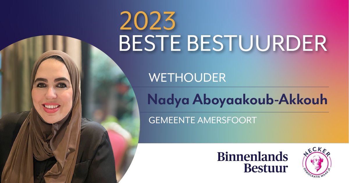 Necker (@neckervannaem) on Twitter photo 🥇WINNAAR | De Beste Bestuurder van 2023 is wethouder Nadya Aboyaakoub-Akkouh van de Gemeente Amersfoort. Van harte gefeliciteerd! 🎉
<a href="/BBnieuws/">Binnenlands Bestuur</a> <a href="/Gem_Amersfoort/">Gemeente Amersfoort</a> 🥇WINNAAR | De Beste Bestuurder van 2023 is wethouder Nadya Aboyaakoub-Akkouh van de Gemeente Amersfoort. Van harte gefeliciteerd! 🎉
<a href="/BBnieuws/">Binnenlands Bestuur</a> <a href="/Gem_Amersfoort/">Gemeente Amersfoort</a>