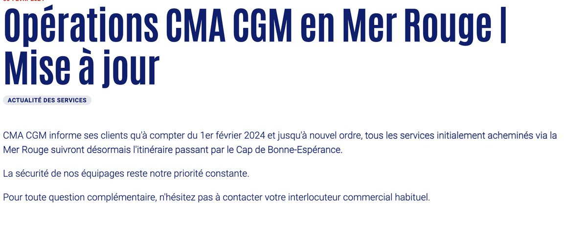 D'ailleurs, jveux pas casser l'ambiance des airdrops ? 

mais CMA CGM était le dernier transporteur a encore passer par la mer rouge. 

Suite aux attaques incessantes, ils viennent de changer d'itinéraire.

Le prix du conteneur a doublé en un mois.

Attendez-vous a du sale. Vrt.