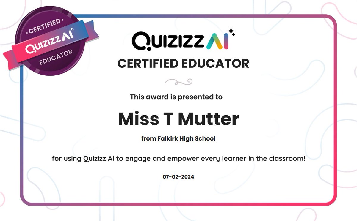 FHSComputing's tweet image. Congratulations to Miss Mutter on achieving Quizizz AI Certified Educator

#weareAmbitious #weareFHS #FHSDigiLearn