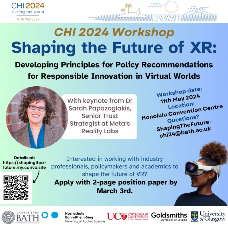 Join our workshop 'Shaping the Future of XR: Developing Principles for Policy Recommendations for Responsible Innovation in Virtual Worlds' @sigchi 2024 organised by @BathPsychology & friends. We have a great keynote and opportunities to contribute! shapingthexrfuture.my.canva.site