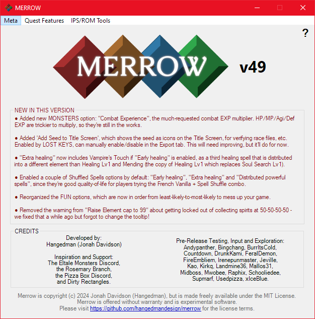 JonahD's tweet photo. MERROW v49 is now available!
Another much-requested update to the Quest 64 randomizer - customizable combat experience, along with more extra healing, title screen seed display, and a bunch of other tweaks and fixes.
Available now at https://t.co/MoZ55UhG9v https://t.co/wvXDrTlq0N
