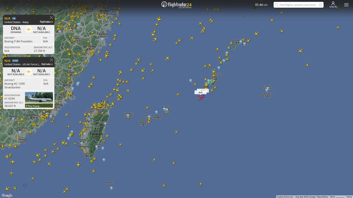 AIYeyENGDdJkjTr's tweet photo. Feb. 8, 2024
#Okinawa Kadena Air Base #South China Sea
#NoCALLSIGN #AE67E4 USN P-8A Poseidon
#NoCALLSIGN #AE059F USAF KC-135R Stratotanker https://t.co/k0geQYaEQB
