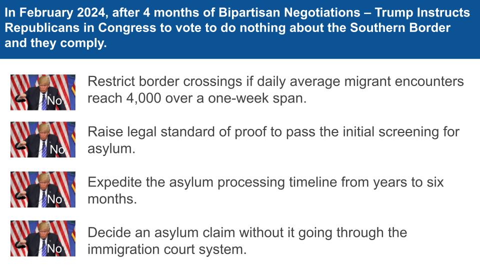 The next time you hear Trump scream about the Southern Border crisis, remember they had a chance to make historic improvements to border security and asylum loopholes that were negotiated over four months by leadership from both parties...and Trump said No. #TrumpSaidNo Yet…