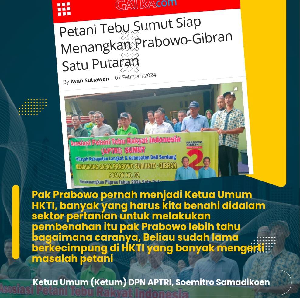 putrilalak's tweet photo. Dewan pimpinan Daerah (DPD) Asosiasi Petani Tebu Rakyat Indonesia (APTRI) Sumut wilayah Deli Serdang dan Langkat melakukan deklarasi untuk memenangkan Paslon presiden nomor 02, Prabowo-Gibran.
https://t.co/qrdsAhQ1SX
#LautanMassaSambut02 https://t.co/y9ZhEflfHe