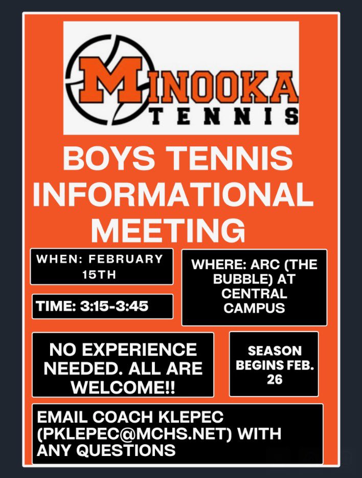 tshields09's tweet image. Informational meeting for the Boys Tennis season happening next week! @MCHS_AO @AthleticMchs