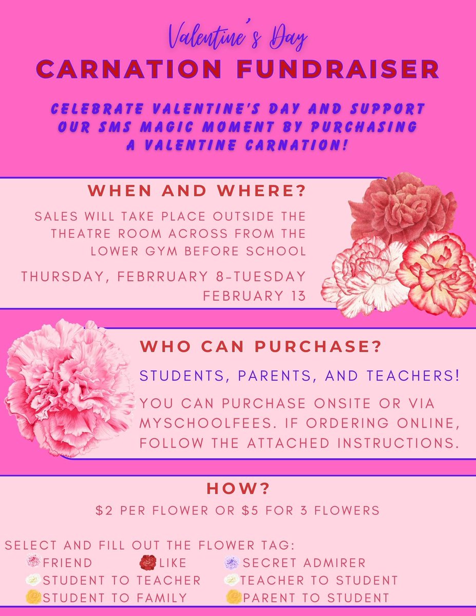 SMS Cheer will be selling Valentine's Silk Carnations 2/8-2/13 outside of the lower gym before school each morning!! Purchase a silk carnation for $2 or 3 silk carnations for $5 and send them to your friends/secret admirer/teacher/etc.! Parents, can send and pay on MySchoolFees!
