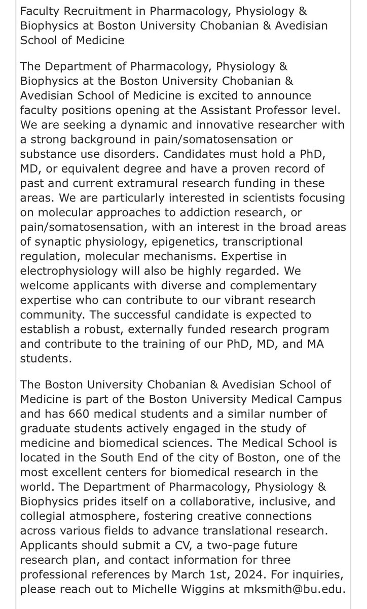 Exciting news! Our department invites applications for Assistant Professor Positions 
#pain #somatosensation #Substanceusedisorders
#CAMed 
AcedemicJobsPosition ID:Boston University Chobanian & Avedisian School of Medicine-Pharmacology-Physiology & Biophysics-AP1 [#27116]