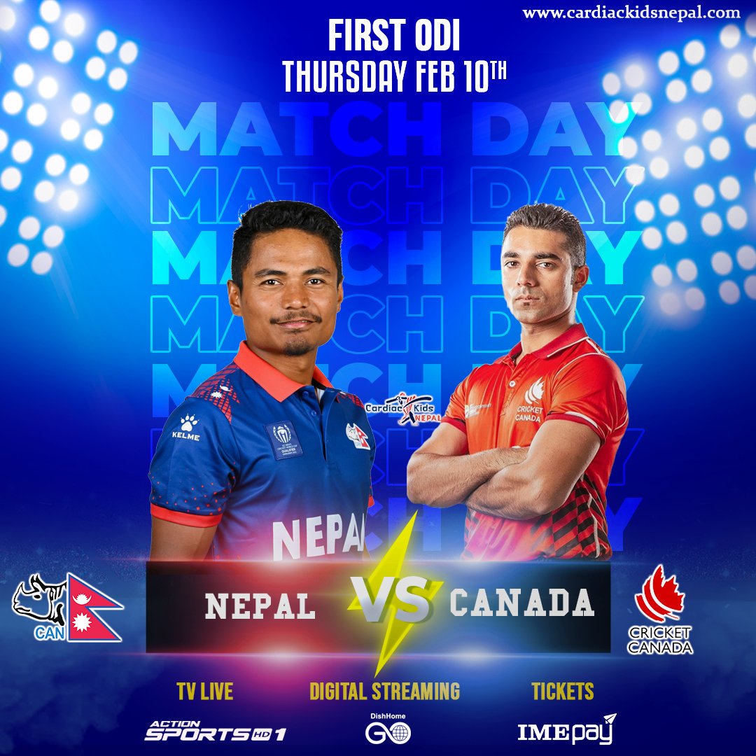 Matchday Alert! 🇳🇵 Nepal faces Canada today in the first match of the bilateral ODI series.
🕘 Match Start: 9:15 AM NPT 
📺 TV Live: Action Sports 1 HD 
💻 Digital Streaming: Dish Home Go App
Get ready for an exciting showdown! 🤩🔥 #NepalVsCanada #ODISeries