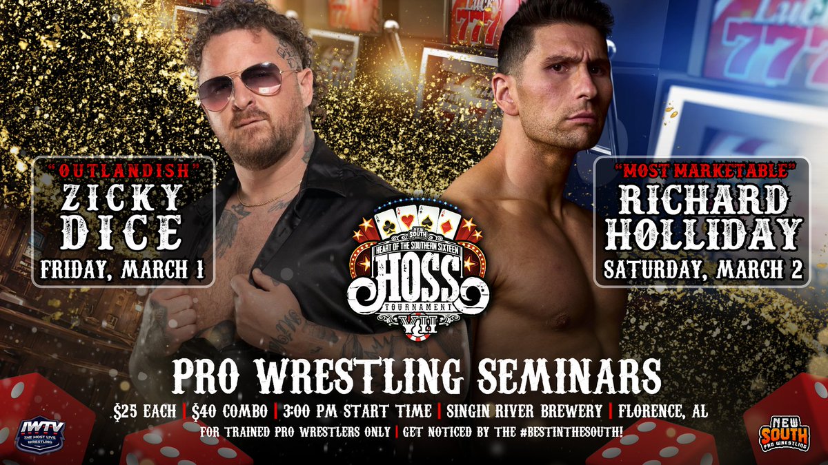 ATTN: PRO WRESTLERS! Back by popular demand, the annual H.O.S.S. Camp has returned. Level up your game by signing up today! 🗓️: March 1st & 2nd, 2024 📍: Singin' River Brewery | Florence, AL 🕜: 3:00 pm Central 🎟️: $25/seminar or $40 combo