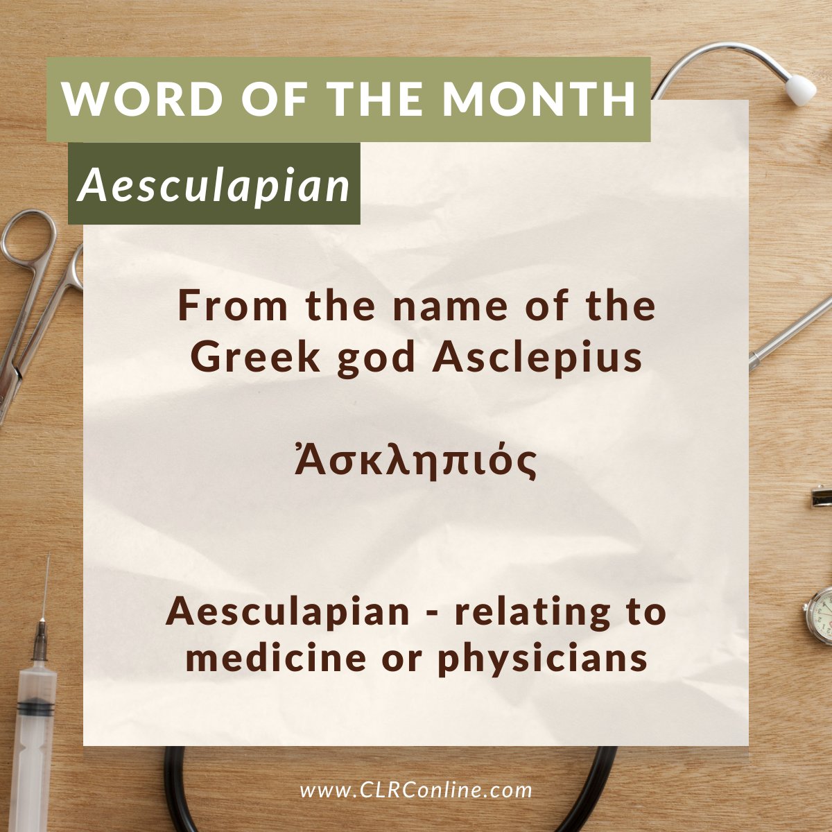 The Greek god Asclepius, a son of Apollo, was associated with the healing arts and he carried a staff entwined with a snake (the Rod of Asclepius). The adjective “Aesculapian” refers to anything related to medicine or physicians. 

#WordOfTheMonth #etymology #greek
#Asclepius