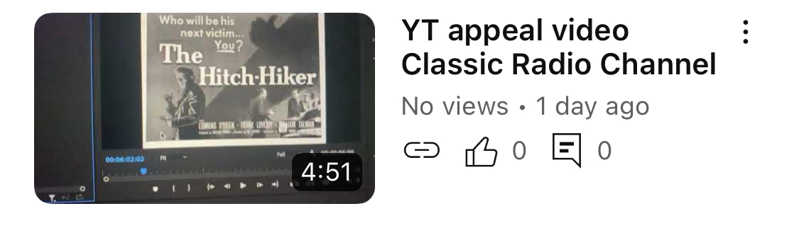 ClassicRadio7's tweet photo. Scripted &amp; recorded myself on many mini docs on old movie stars and @YouTube finds it's "not value editing enough", and I appeal but get refused - but my appeal video hasn't even been watched even once. Must be @TeamYouTube doing telepathy again. Not worth it clearly unfair. https://t.co/0RQqiWsUmM