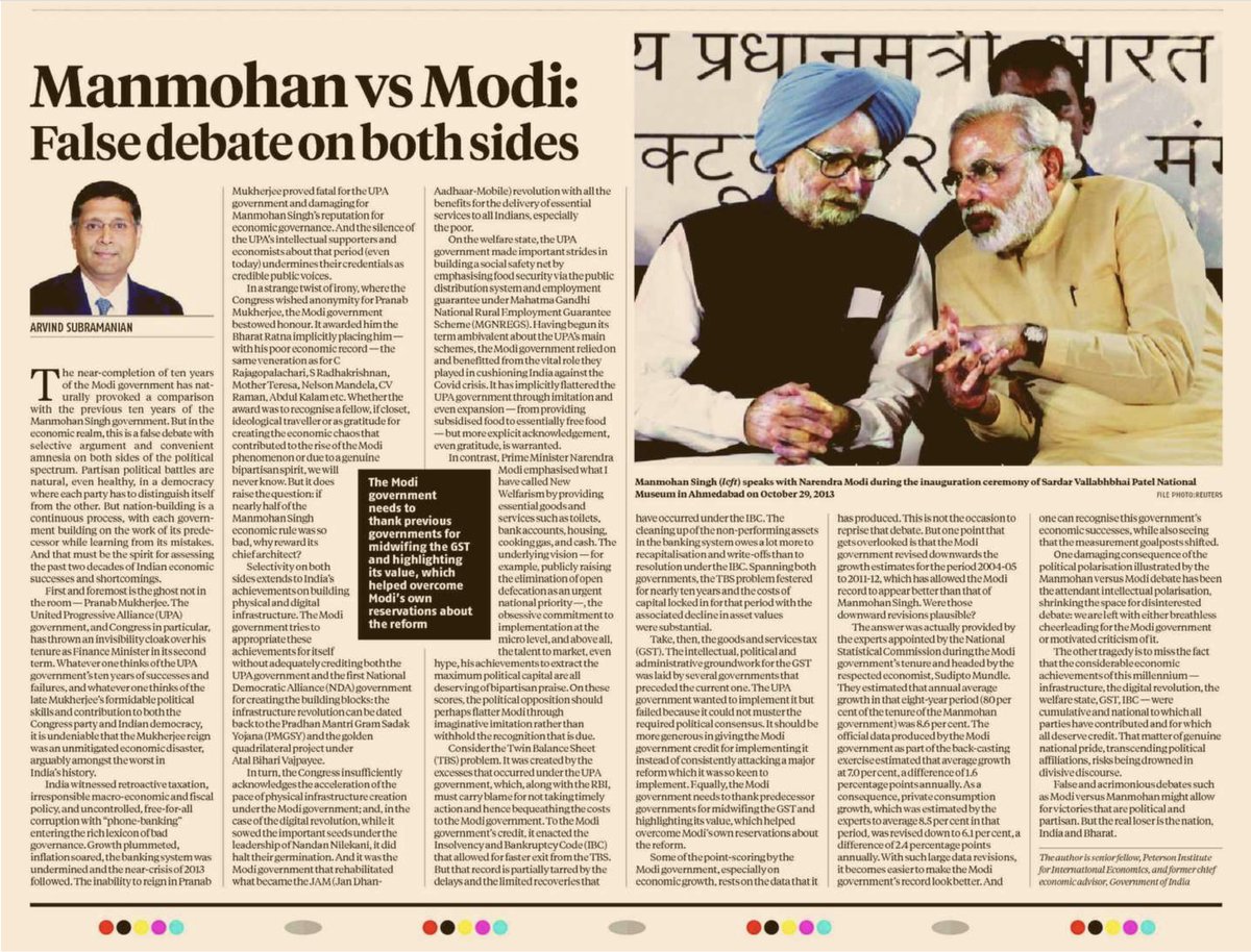 arvindsubraman's tweet photo. My @bsindia piece on the false debate b/w the economic performance of the Modi &amp; Manmohan Singh govts.

"... the considerable economic achievements of this millennium — infrastructure, the digital revolution, the welfare state, GST, IBC — were cumulative and national ...

1/ https://t.co/YUu76AVIjG
