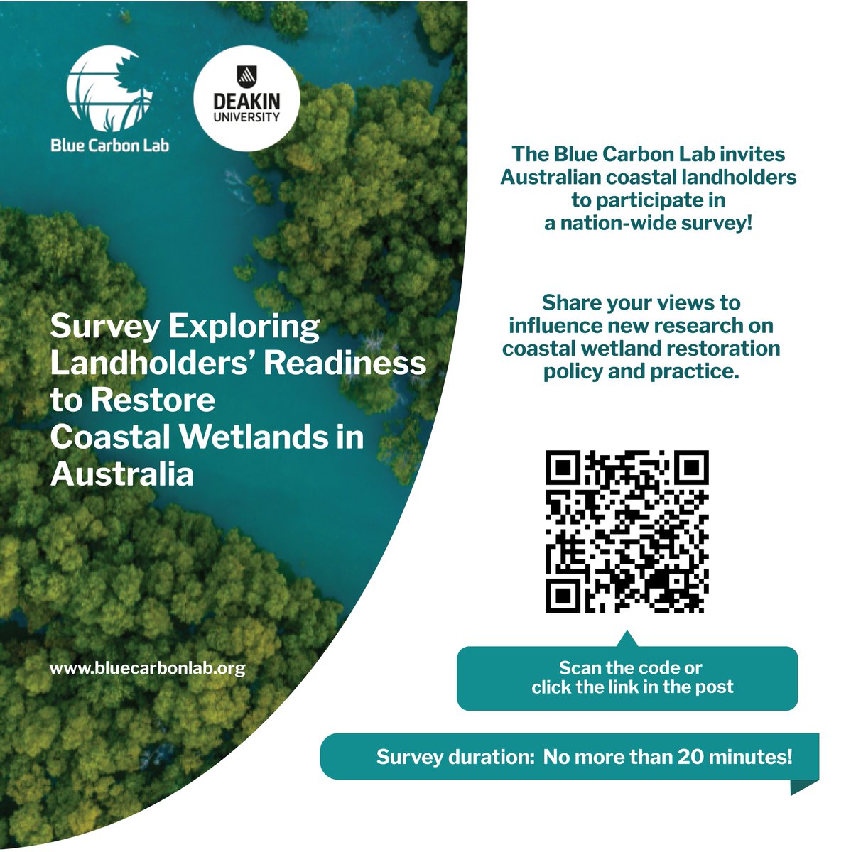 🌊 Calling all Australian Coastal Landholders! Join @BlueCarbonLab's nationwide survey to understand landholders’ readiness to restore coastal wetlands. Your insights matter and can influence policy & practice to enhance restoration efforts! Contribute: researchsurveys.deakin.edu.au/jfe/form/SV_9L…