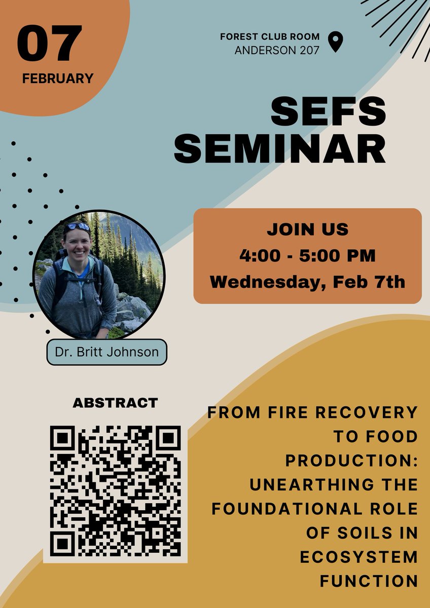 Today in Anderson Hall! From 4:00-5:00, join us for the next SEFS Seminar with Dr. Britt Johnson, 'From Fire Recovery to Food Production: Unearthing the Foundational Role of Soils in Ecosystem Function'.