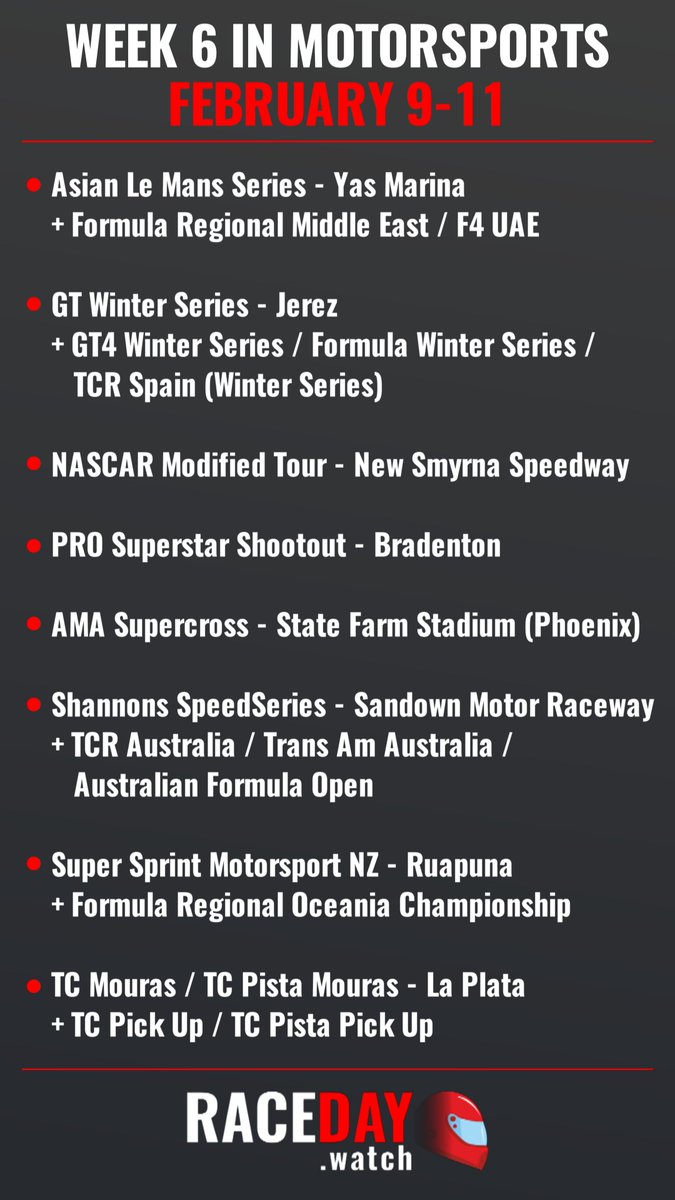 Week 6 on RaceDay!

#AsianLeMans #4HAbuDhabi
#FRMEC #F4UAE
#GTWinterSeries #TCR 
#NASCARRegional
#SMX #Supercross #SupercrossLIVE
#SpeedSeriesAU #RaceSandown
#SuperSprintNZ #FROC 
#ACTC