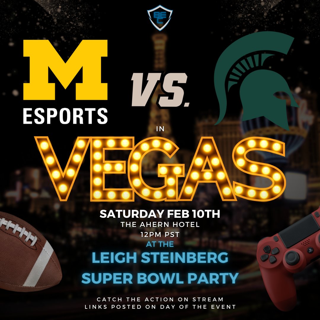 Big Esports Conference (@bigesportsconf) on Twitter photo Lots of BIG news in esports this week!👀
🚨We've got some too!🚨
Join us this Saturday as <a href="/UMichEsports/">University of Michigan Esports</a> and <a href="/EsportsAtMSU/">Michigan State Esports</a> head to LAS VEGAS to compete in Rocket League at the <a href="/leighsteinberg/">Leigh Steinberg</a> Super Bowl Party!🏆
More details soon!
#esports #collegeesports #SuperBowl #LasVegas Lots of BIG news in esports this week!👀
🚨We've got some too!🚨
Join us this Saturday as <a href="/UMichEsports/">University of Michigan Esports</a> and <a href="/EsportsAtMSU/">Michigan State Esports</a> head to LAS VEGAS to compete in Rocket League at the <a href="/leighsteinberg/">Leigh Steinberg</a> Super Bowl Party!🏆
More details soon!
#esports #collegeesports #SuperBowl #LasVegas