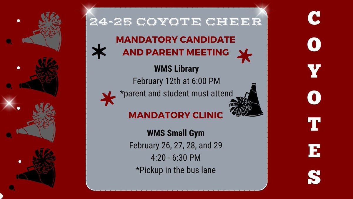 Attention all students wanting to try out for the 24-25 Coyote Cheer Team  #WMScheer #wileycoyotes #Coyotespirit