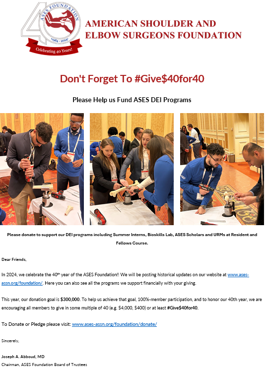 ASESmembers's tweet photo. 2024 marks the ASES Foundation’s 40th year of supporting research, education, and professional development. Donate at https://t.co/uKUrmDbowH
#ASESF #MedTwitter #OrthoTwitter #Give40for40 https://t.co/m0eVfDBCO0
