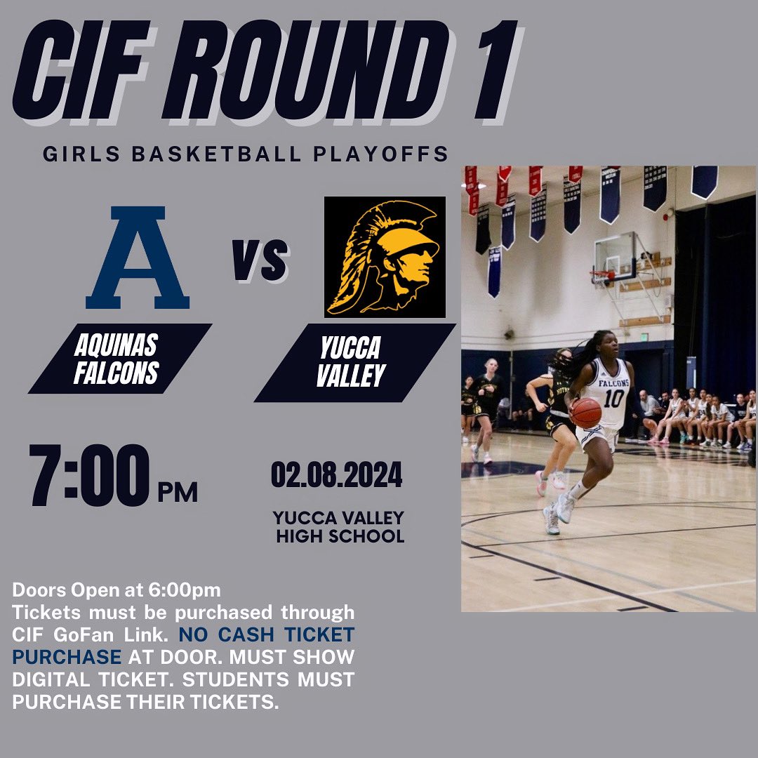 🚨GIRLS VARSITY BASKETBALL PLAYOFFS ROUND 1!🚨

Pumped for our Girls Varsity Basketball team as they compete in Round 1 of the CIF playoffs at Yucca Valley HS! Get your tickets at the link ⬇️⬇️

gofan.co/event/1379257?…
