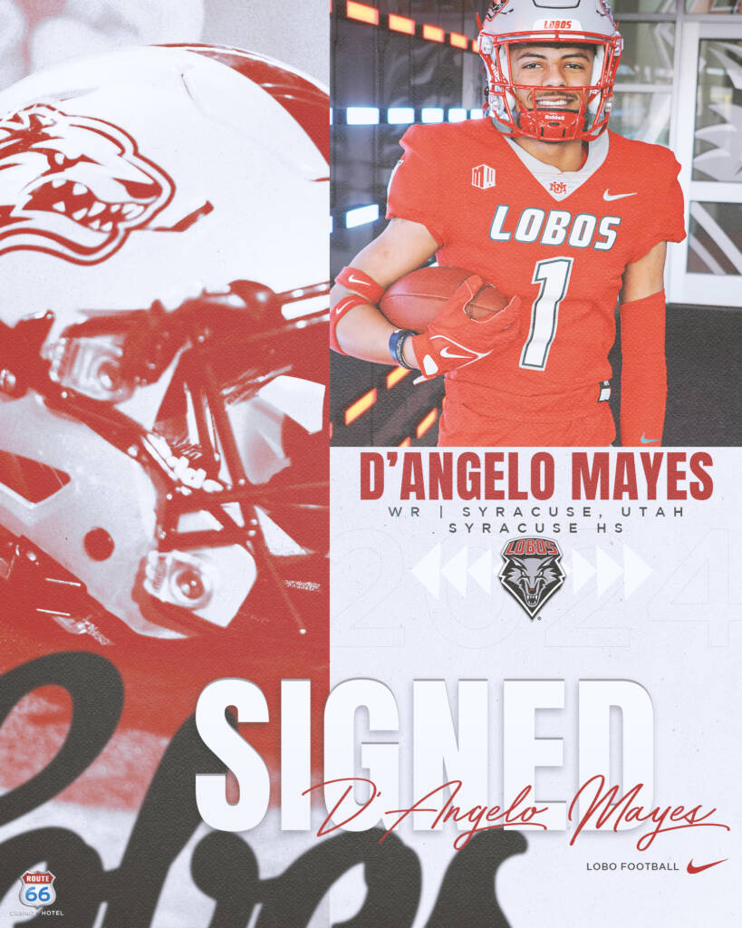 Adding to the Pack! Let's welcome D'Angelo Mayes (@DAngeloMayes10) to the Lobo Family!!! D'Angelo comes from Syracuse HS where as a senior he caught 85 passes for 1,086 yards with 15 receiving TDs, and 18 all told. He also ran a 10.95 in the 100-meter!!! #GoLobos