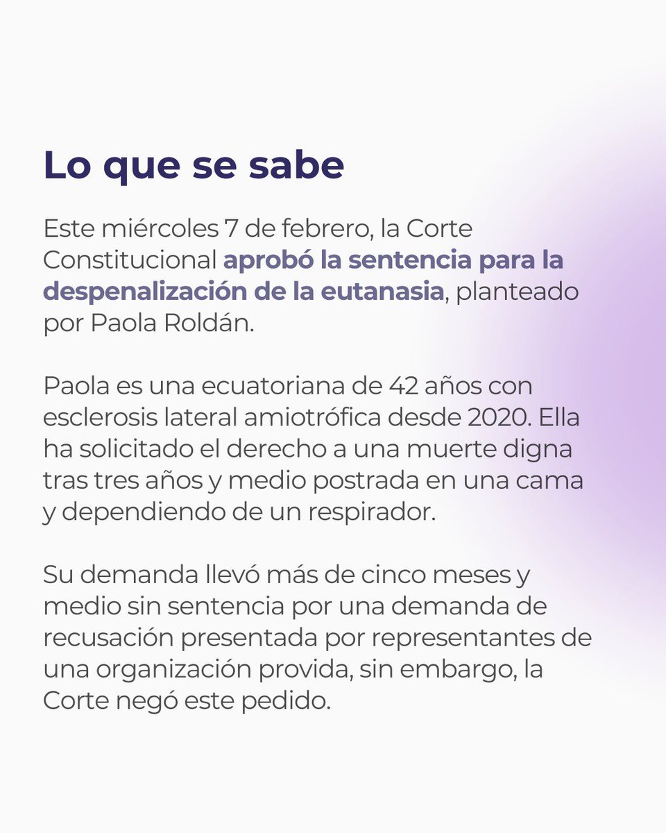 Humanamente_ec's tweet photo. La Corte Constitucional de Ecuador aprueba la despenalización de la eutanasia, dando voz a Paola Roldán y a aquellos que buscan decisiones humanitarias en momentos críticos. Hoy celebramos la victoria de la libertad de elección y el respeto a los derechos fundamentales 🕊️✨ https://t.co/K3XdBspt5o