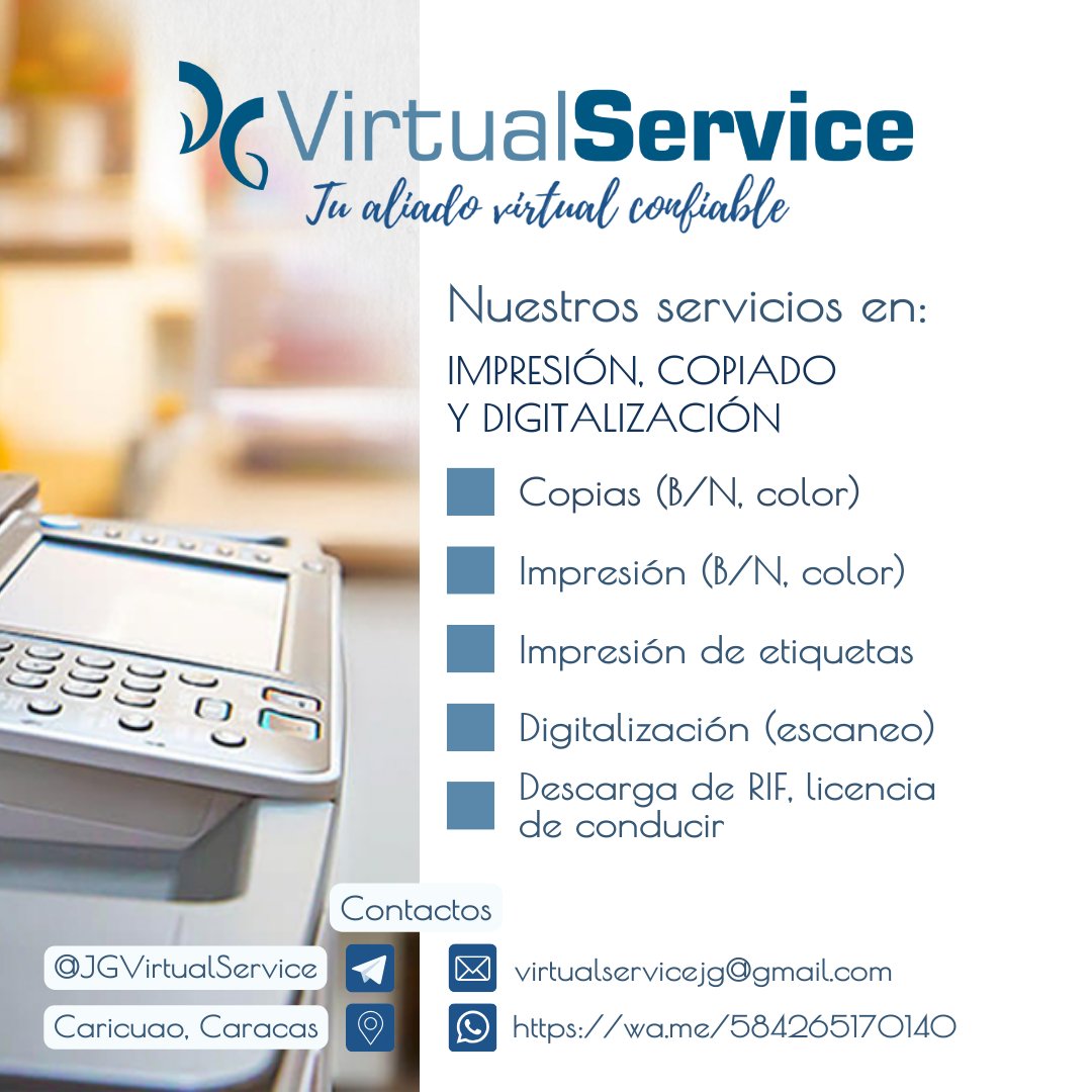 jg_virtual's tweet photo. 🖨 Ofrecemos servicio de impresión, copiado y digitalización (escaneo).

📲 Contáctanos por DM o WhatsApp:
https://t.co/RUscGXNgGy

#Copias #Impresiones #Escaneo #JGVirtualService #TuAliadoVirtual #Caricuao #Caracas #Venezuela https://t.co/5rO94wlioC