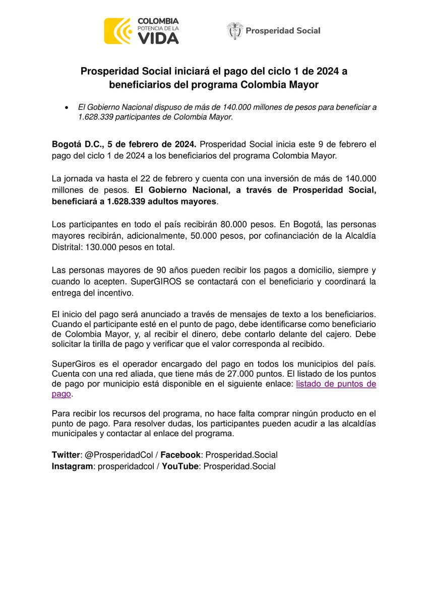 suarezvacca's tweet photo. 📣 Del 9 al 22 de febrero, más de 1.6M de adultos mayores serán beneficiarios del #ProgramaColombiaMayor, que cuenta con una inversión nacional de 140.000M de pesos.
💰 No es necesario comprar o realizar ningún pago para recibir el apoyo. 🌟 https://t.co/9lImYnKHI9