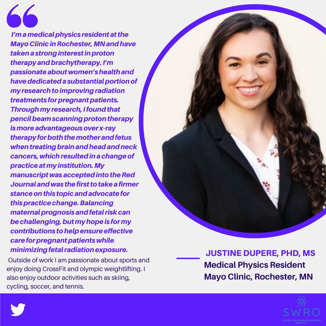 On this #WeWhoCurie Wednesday, we highlight Justine Dupere, who is a #MedPhys resident @MayoRadOnc and shares her passion for #RadOnc treatment in pregnancy and the amazing work she has published on this topic 👏