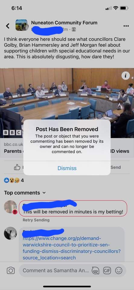 There's a story within a story emerging from the Warwickshire SEND scandal. Posts about the scandal to a 31k member Nuneaton Community Forum kept being deleted.